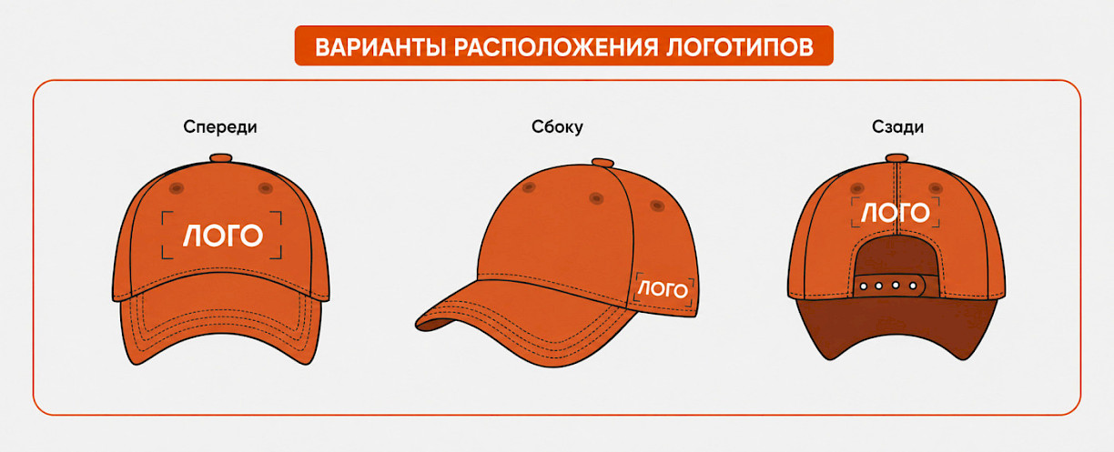 Варианты расположения логотипа на кепке: спереди, сбоку, сзади